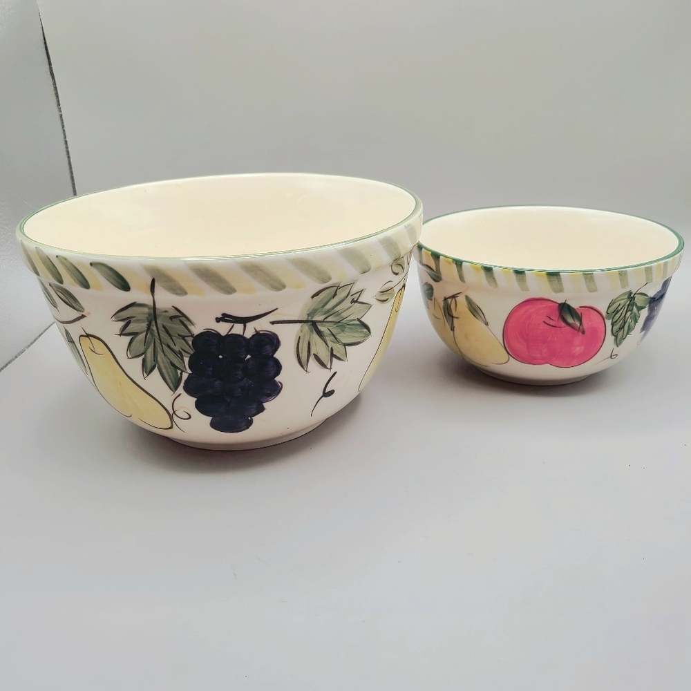 Vintage Ceramic Nesting Bowls with Fruit Print, Set of 2
